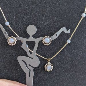 Set of Vintage Pale Blue Lace Agate Necklace & Earrings Silver